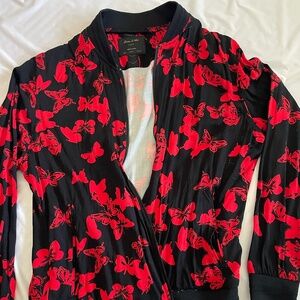 Casual Black Zip-Up Jacket with Red Butterfly Print